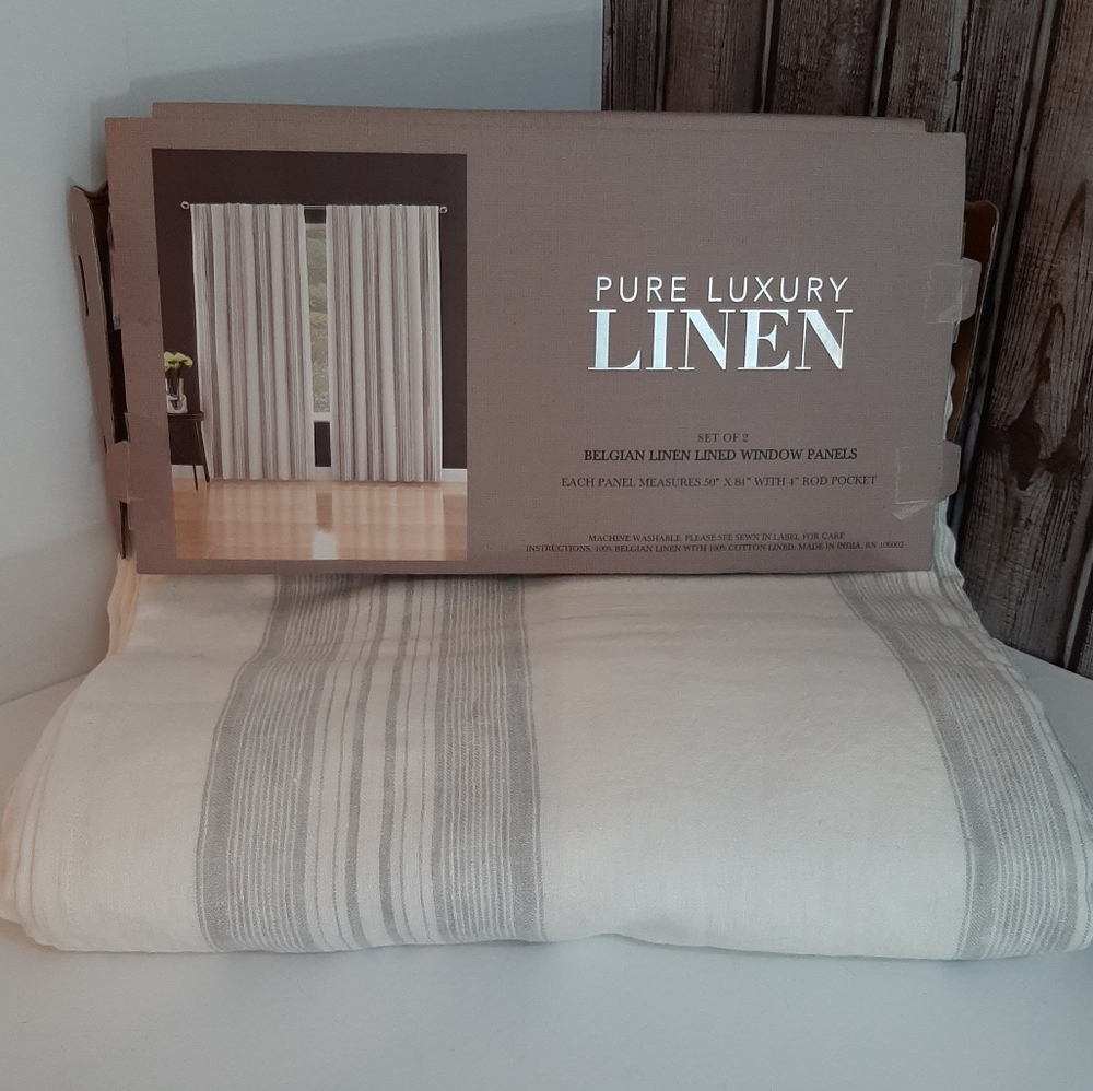 **Pure Luxury Linen 84" Striped Belgian Linen Curtain Panels Rod Pocket